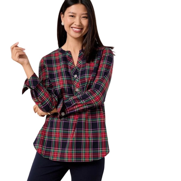 Talbots Tops - Talbots Dashing Plaid Band Collar Tunic Red Green Jewel Button Popover Large